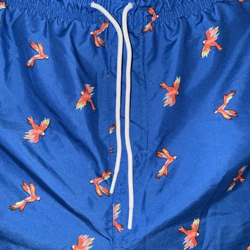 Men's Parrot Print Swim Trunk Mesh Lining Drawstring Board Shorts Blue Size M